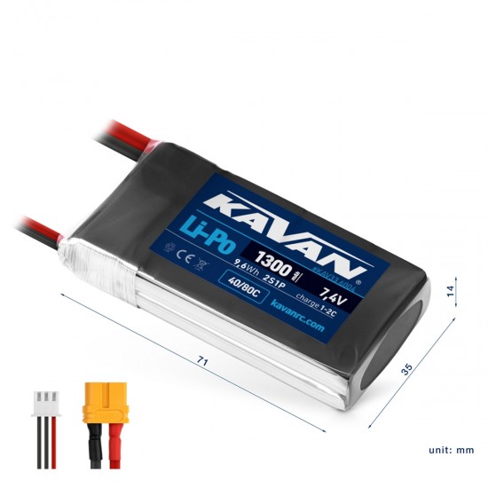 KAVAN Air Pack 1300mAh 7.4V 40 80C 2S LiPo Akkumulator XT60 KAV33 6004