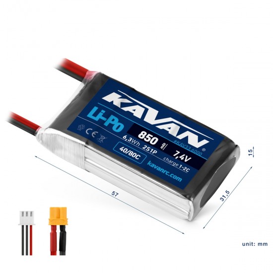 KAVAN Air Pack 850mAh 7.4V 40 80C 2S LiPo Akkumulator XT30 KAV33 6000